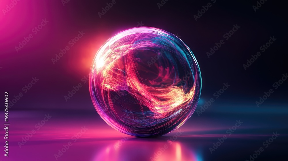 Poster a glowing 3d sphere with complex, abstract layers inside, rotating slowly in an empty, minimalist sp