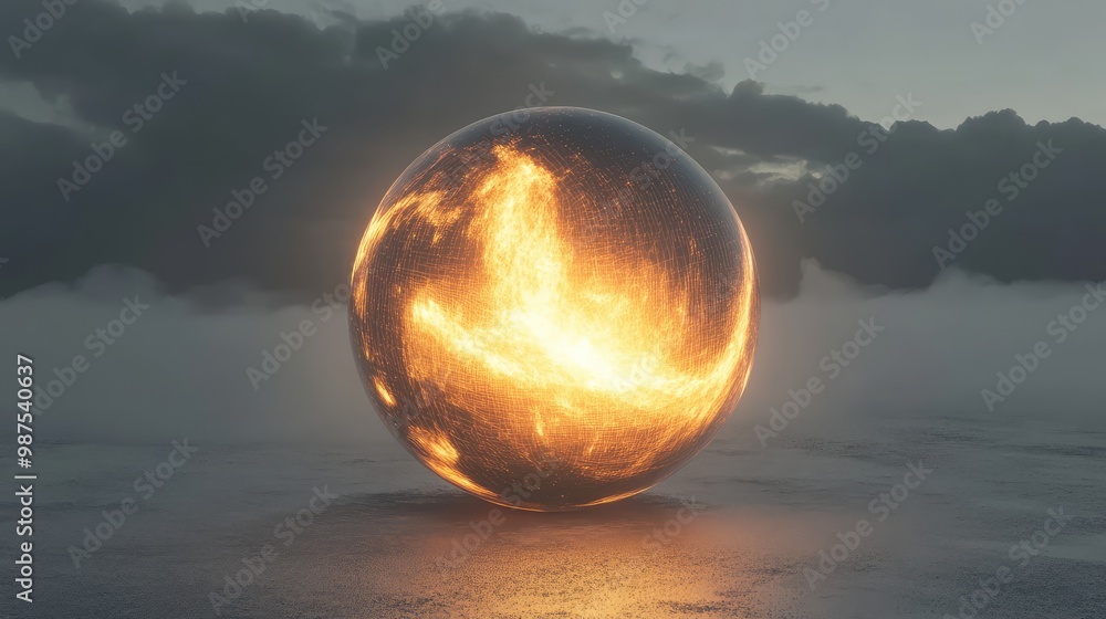 Poster a glowing 3d sphere with complex, abstract layers inside, rotating slowly in an empty, minimalist sp