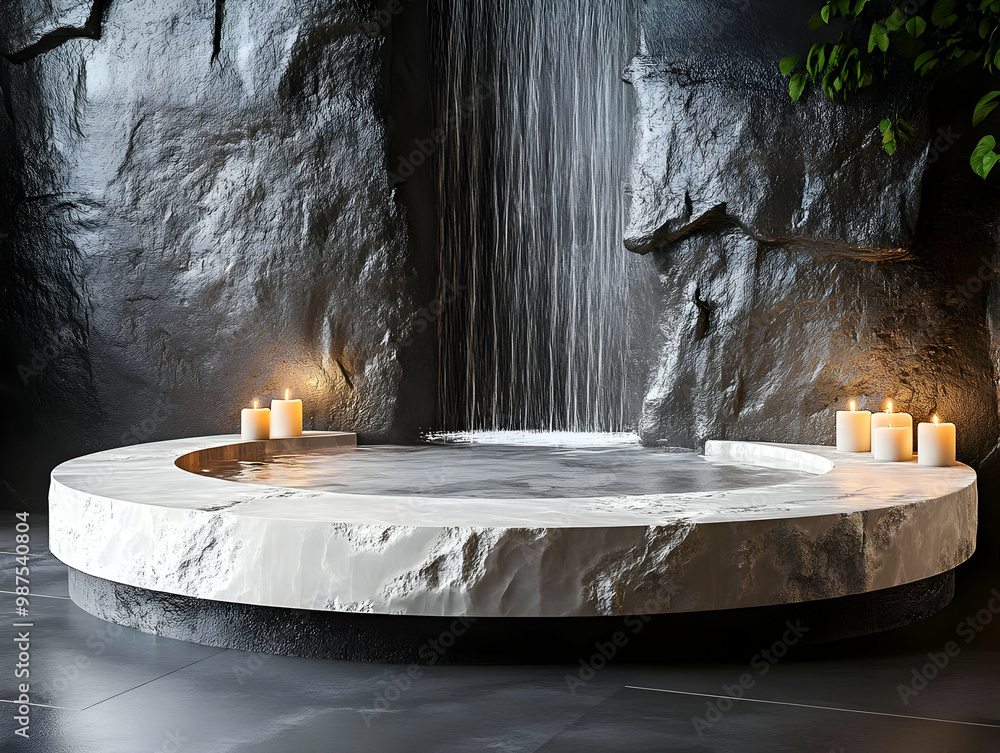 Poster a serene stone bath surrounded by candles and a cascading waterfall, creating a tranquil spa-like at