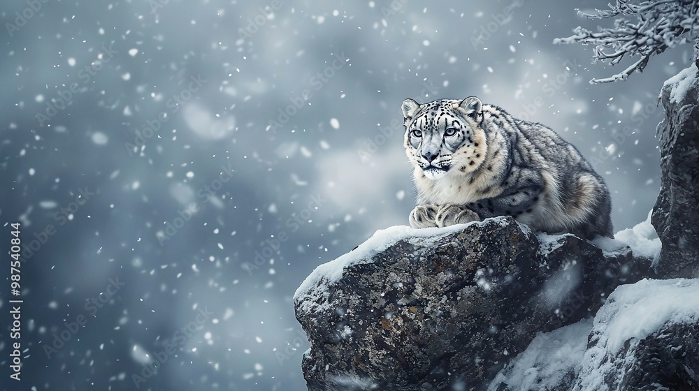 Poster   A snow leopard perched on a snow-capped boulder amidst a winter wonderland, surrounded by falling snowflakes