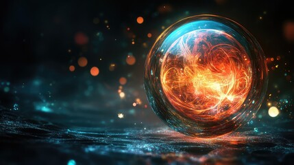 Obraz premium A glowing 3D sphere with inner layers of abstract, crystalline patterns, softly illuminating the dark void.