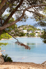 Beautiful secluded pine trees beach and hill with St Nicholas church in Tribunj, Croatia