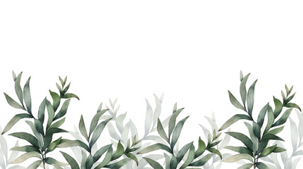 Border with green leaves and branches, illustration watercolor