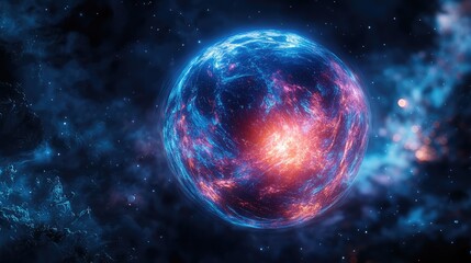 Fototapeta premium A glowing 3D sphere with inner layers of abstract, crystalline patterns, softly illuminating the dark void.