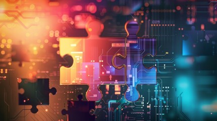Digital art depicting api integration through interlocking puzzle pieces on a futuristic background