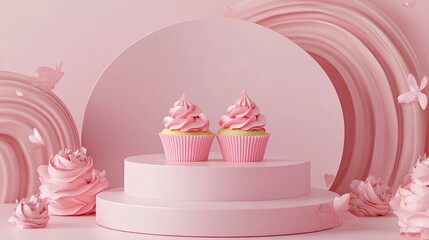 A delightful arrangement of pink-themed cupcakes on a pastel display, surrounded by swirls and decorative elements, perfect for celebrations.