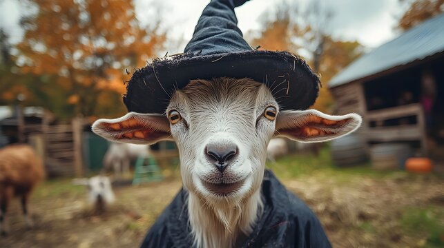 Adorable goat wearing a witch hat and cape standing in a haunted barnyard scene with fall foliage pumpkins