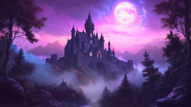 Mystic castle in moonlit forest, purple night sky, mountainous background, eerie atmosphere.