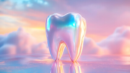 A glossy, iridescent tooth stands against a dreamy pastel background, symbolizing dental care and hygiene.