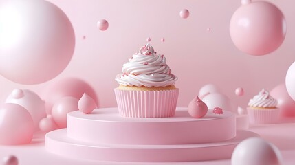 A whimsical pink-themed cupcake surrounded by floating spheres, creating a delightful and festive atmosphere.
