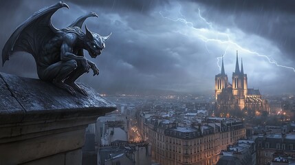 Gothic Guardian: Gargoyle Overseeing Stormy City from Cathedral Rooftop with Lightning