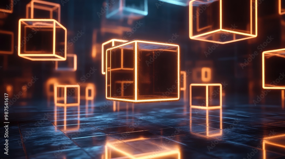 Poster floating 3d cubes made of glowing neon lines, suspended in a grid-like arrangement in an empty, dark