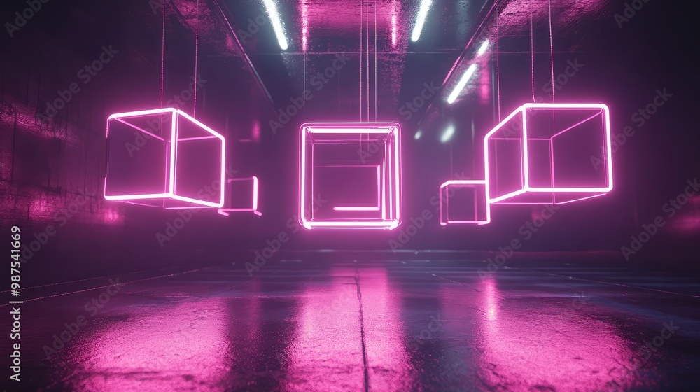 Poster floating 3d cubes made of glowing neon lines, suspended in a grid-like arrangement in an empty, dark