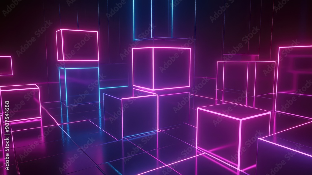 Poster floating 3d cubes made of glowing neon lines, suspended in a grid-like arrangement in an empty, dark