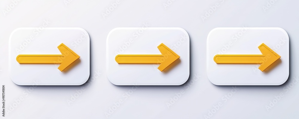 Poster three yellow arrows pointing right on a minimalistic gray background, symbolizing direction, movemen