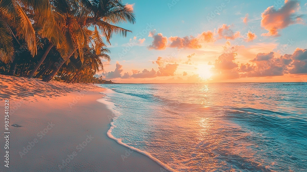 Canvas Prints   Sunset at ocean with palm trees in fg and sandy beach in bg