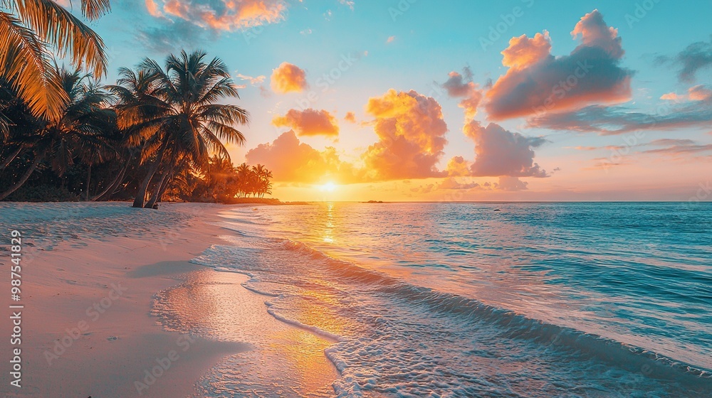 Canvas Prints   Sunset at a tropical beach with palm trees and cloudy sky above the water and ocean