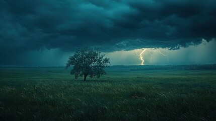 Fototapeta premium A tree in a field, lit by a lightning bolt above, with grass in the foreground