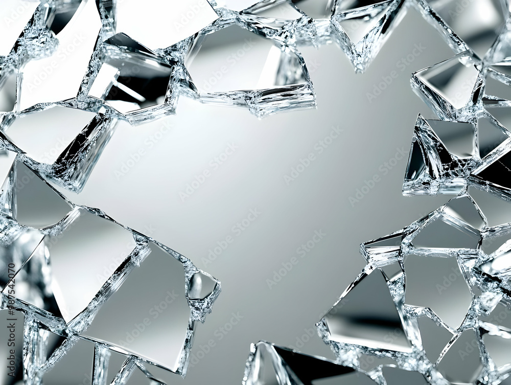 Poster shattered glass fragments on a reflective surface, creating an abstract pattern with light reflectio