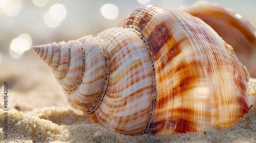 Poster Close up of Seashell on Sandy Beach with Bokeh Background