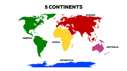 World Map Divided into 5 Continents. International World Map with continents represented with different colors. Editable EPS file.