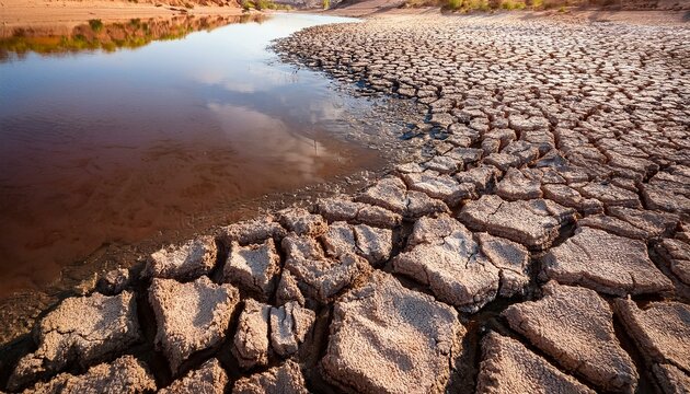 drought ecological disaster; the dried river is covered with salt 