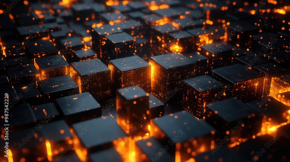 Poster floating 3d cubes with glowing edges, suspended in a grid-like pattern in an infinite, dark space.