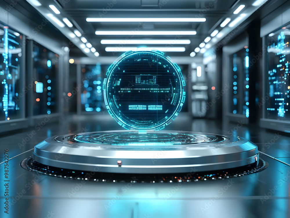 Poster futuristic holographic display in a modern tech environment, showcasing advanced data visualization 