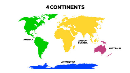 World Map Divided into 4 Continents. International World Map with continents represented with different colors. Editable EPS file.
