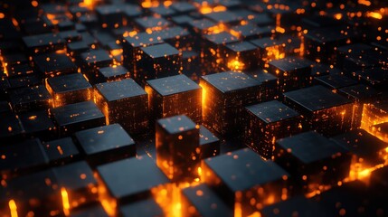 Fototapeta premium Floating 3D cubes with glowing edges, suspended in a grid-like pattern in an infinite, dark space.