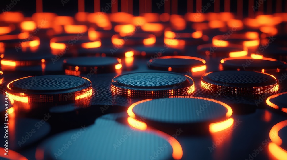 Poster floating 3d disks with glowing edges, suspended in a grid-like pattern in an infinite void.