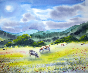 Hand-painted watercolor cows in the meadow. Watercolor landscape with cows. Watercolor mountains landscape.