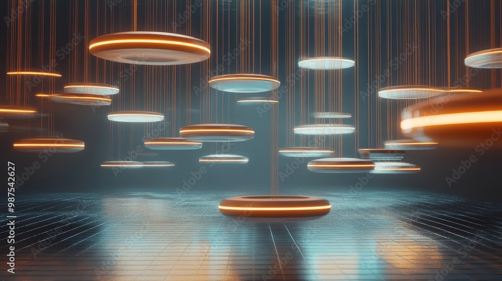Poster floating 3d disks with glowing edges, suspended in a grid-like pattern in an empty, surreal space.