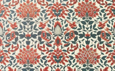 Floral pattern design. Intricate floral pattern design with red flowers and blue leaves on a white background. Perfect for fabric, wallpaper, or home decor.