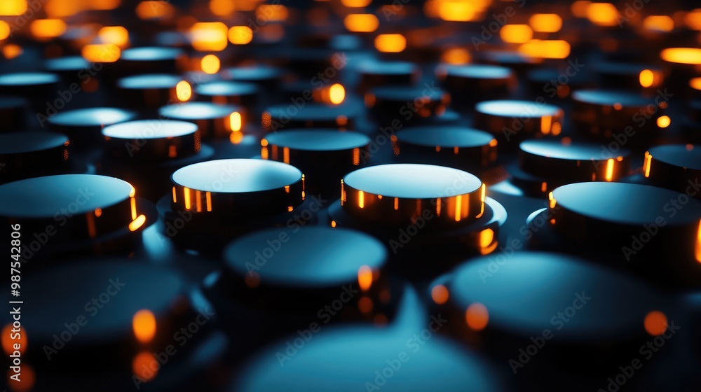 Poster floating 3d disks with glowing edges, suspended in a grid-like pattern in an infinite, dark space.