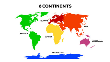 World Map Divided into 6 Continents. International World Map with continents represented with different colors. Editable EPS file.