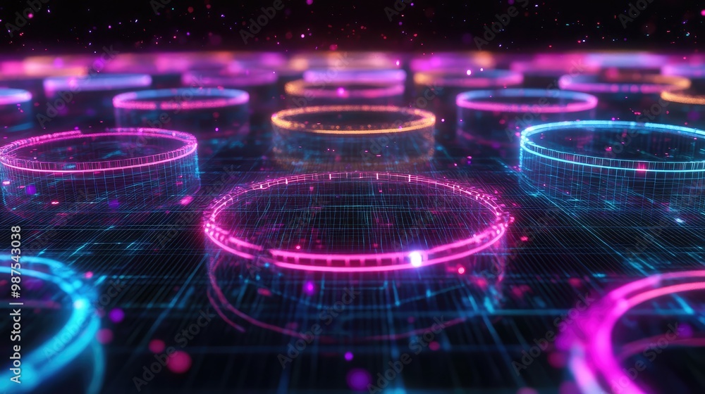 Poster floating 3d disks with glowing neon edges, suspended in a grid-like pattern in an infinite, dark voi