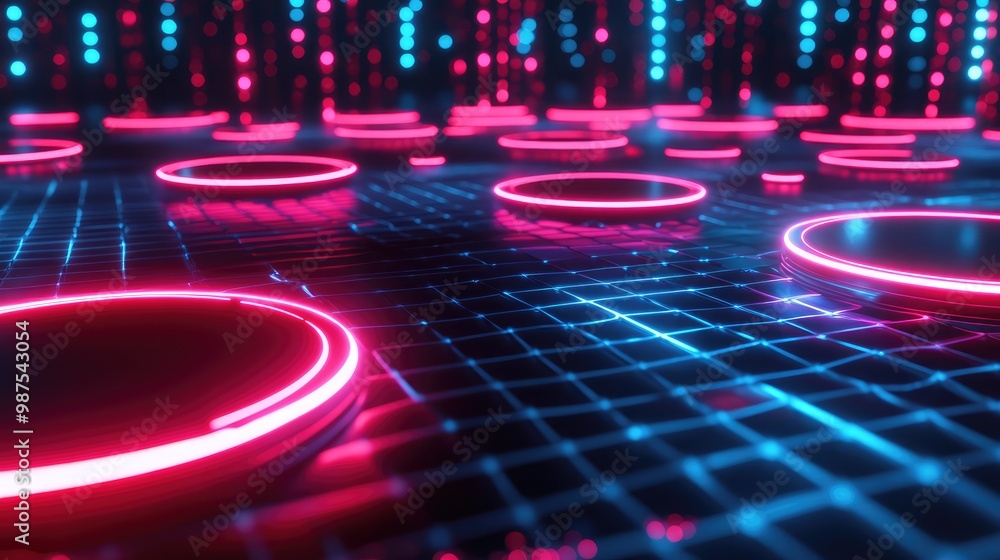 Poster floating 3d disks with glowing neon edges, suspended in a grid-like pattern in an infinite, dark voi