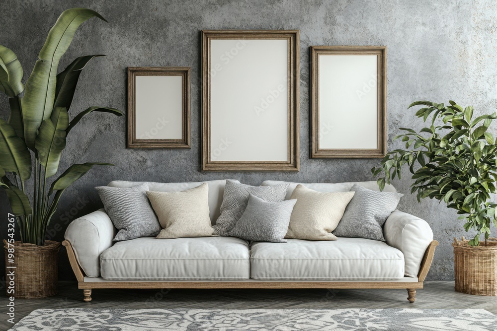 Poster a room layout displaying furniture mockups with borders and shapes, set against a clean and simple b