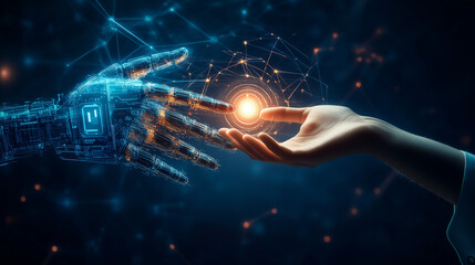 Human and Robot Hand Touching with Glowing AI Circuitry – Futuristic Technology and Artificial Intelligence Concept