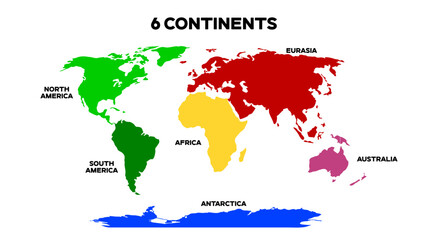 Obraz premium World Map Divided into 6 Continents. International World Map with continents represented with different colors. Editable EPS file.