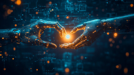 Human and Robot Hand Touching with Glowing AI Circuitry – Futuristic Technology and Artificial Intelligence Concept