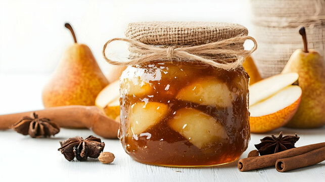 A jar of homemade pear jam with spices, surrounded by fresh pears and cinnamon sticks on a white background.