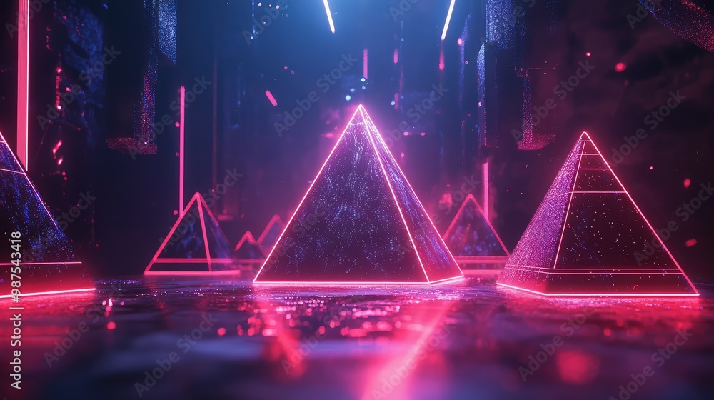 Aufkleber floating 3d pyramids made of glowing neon lines, softly rotating in an infinite, surreal void.