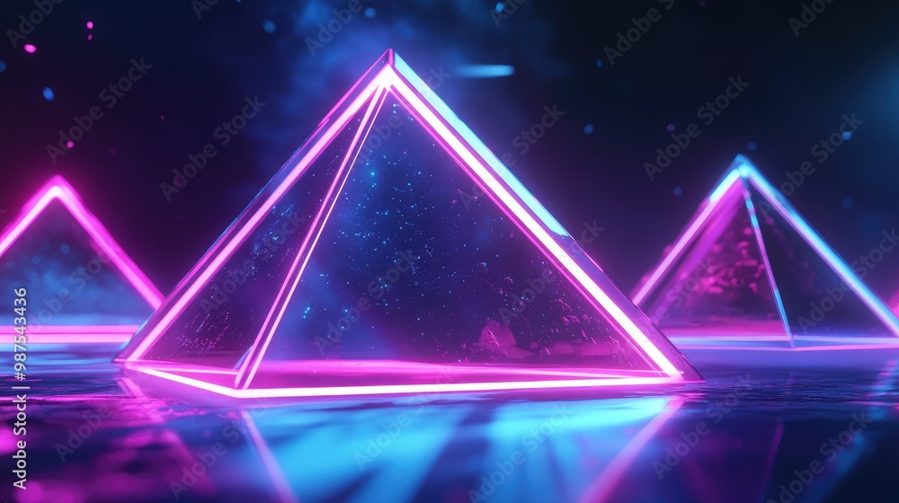 Poster floating 3d pyramids made of glowing neon lines, softly rotating in an infinite, surreal void.