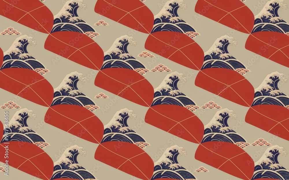 Poster red wave pattern. abstract japanese style pattern featuring red and blue waves on a cream background
