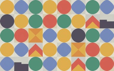 Colorful circle pattern. Geometric pattern with vibrant circles, squares, and triangles in a grid design.