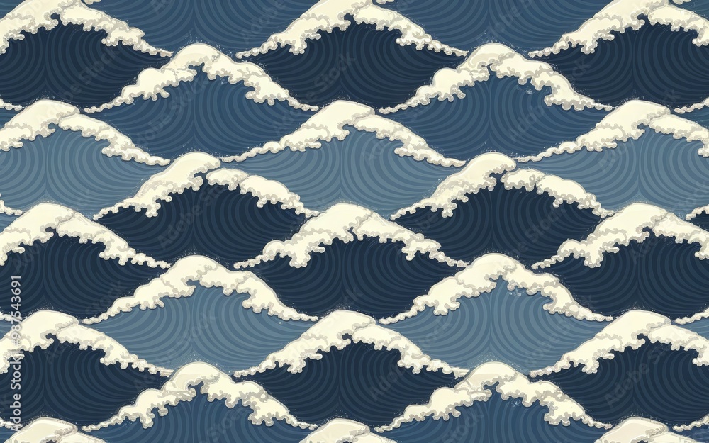 Poster japanese wave pattern. seamless pattern of stylized waves in blue and white. this design symbolizes 