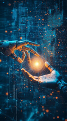 Human and Robot Hand Touching with Glowing AI Circuitry – Futuristic Technology and Artificial Intelligence Concept