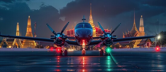 Obraz premium Majestic Thai Airplane with Illuminated Propeller and Wings Soaring Over Bangkok s Iconic Skyline and Landmarks at Dramatic Nightfall